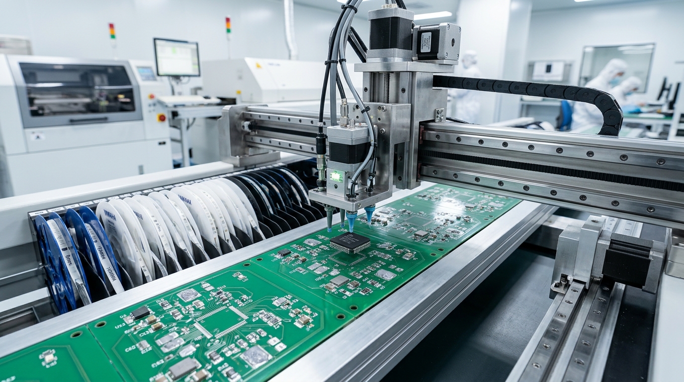 Modern surface mount technology automated pick-and-place assembly line placing microchips on circuit board